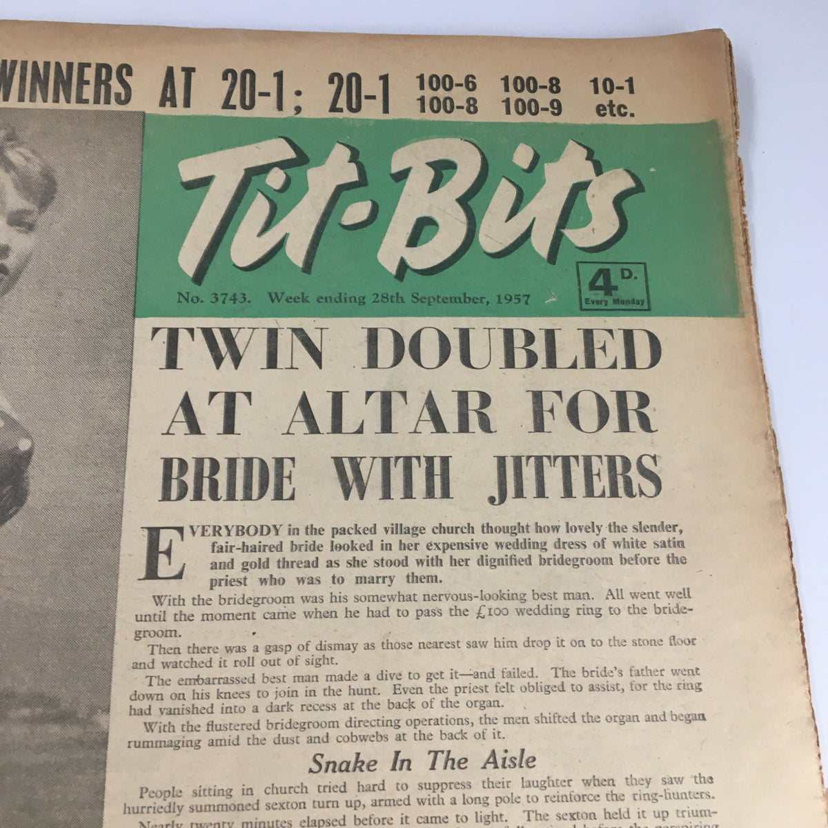 Cover of VTG Tit-Bits Magazine from September 28, 1957, featuring a headline about a bride with jitters and an image of a glamorous woman, reflecting mid-century fashion and cultural themes.