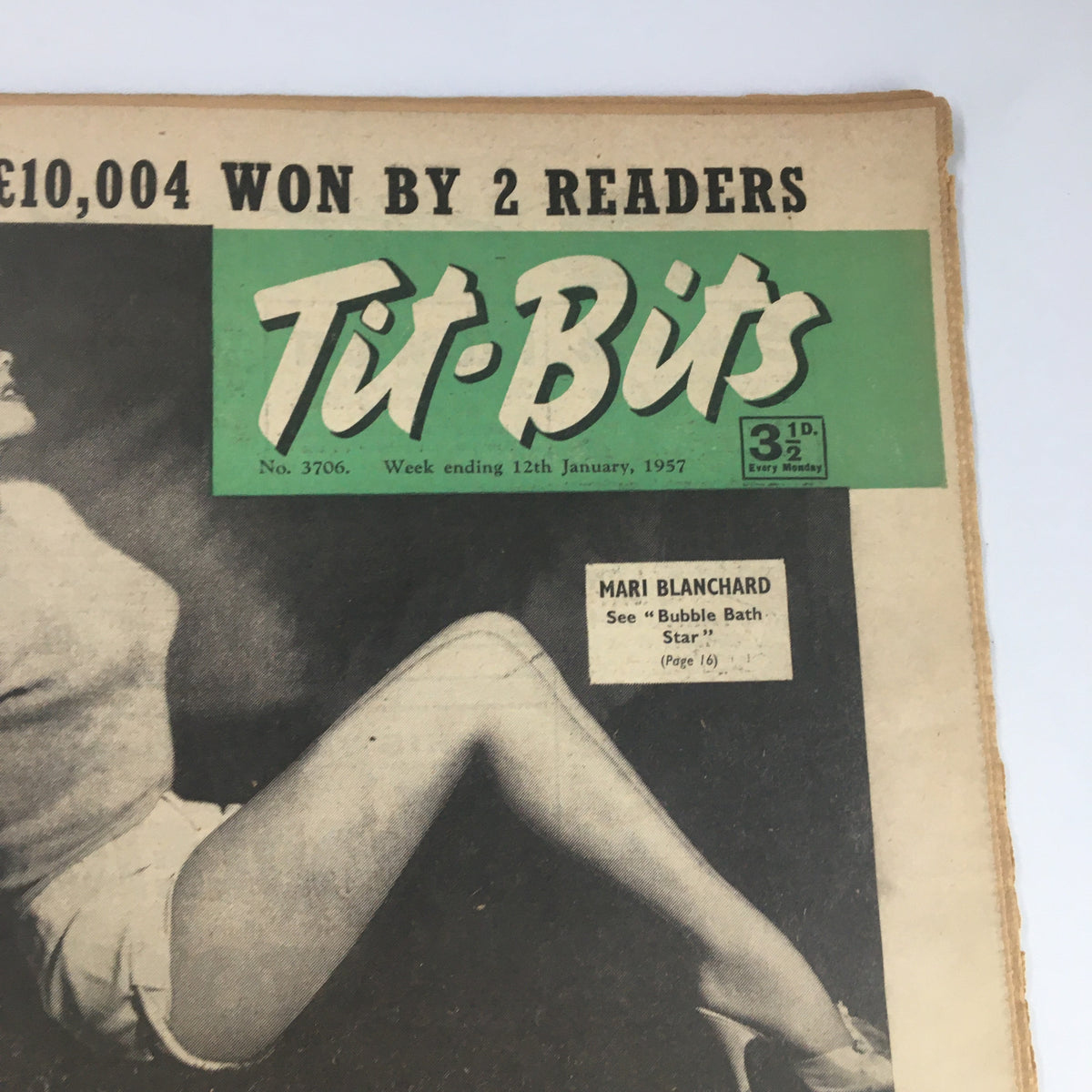 Close-up of the VTG Tit-Bits Magazine cover from January 12, 1957, highlighting Mari Blanchard as the Bubble Bath Star with vintage typography and art style.