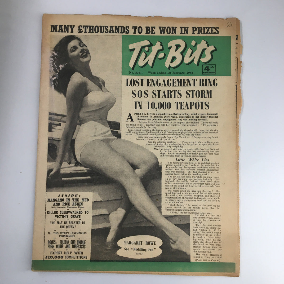 Cover of VTG Tit-Bits Magazine February 1, 1958 featuring Margaret Rowe in modeling attire, showcasing vintage fashion and mid-century media.
