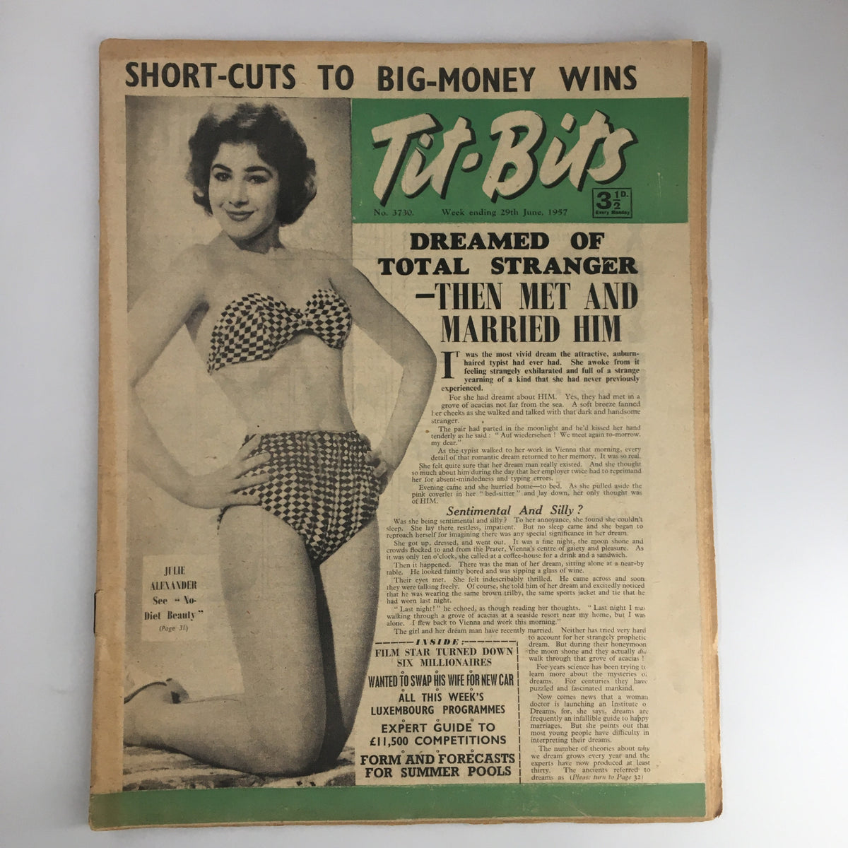 Cover of VTG Tit-Bits Magazine dated June 29, 1957, featuring a model in a checkered bikini, highlighting a story about dreaming of a total stranger and marrying him. The magazine includes a beauty article by Julie Alexander.