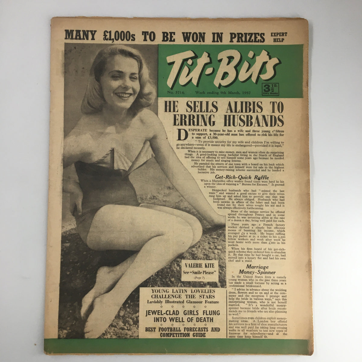 VTG Tit-Bits Magazine March 9 1957 featuring Valerie Kite on the cover in a vintage swimsuit, with headlines about competition and intriguing articles.