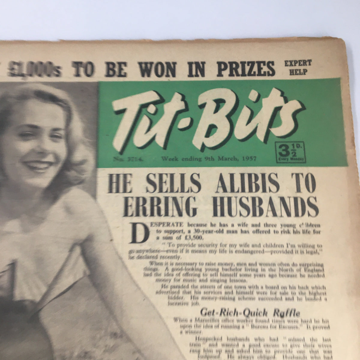 Close-up of VTG Tit-Bits Magazine March 9 1957 cover, showcasing Valerie Kite and the headline discussing alibis for erring husbands, emphasizing the magazine's retro charm.