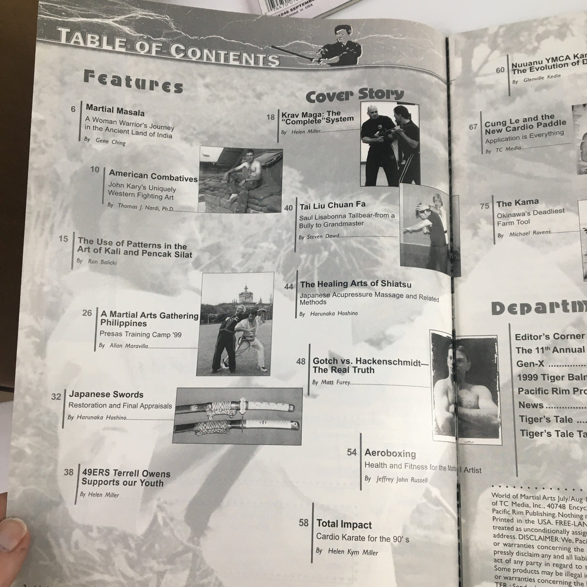 World of Martial Arts Magazine August 1999 table of contents showcasing articles on Krav Maga, American Combatives, and more.