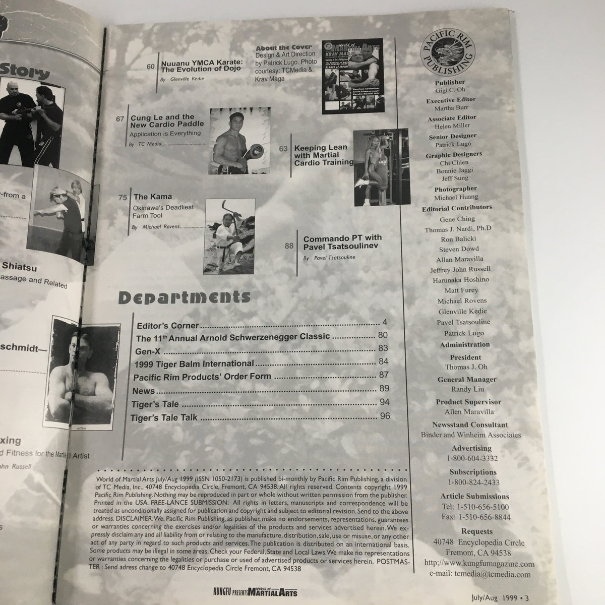 World of Martial Arts Magazine August 1999 featuring additional content and departments related to martial arts culture and training.