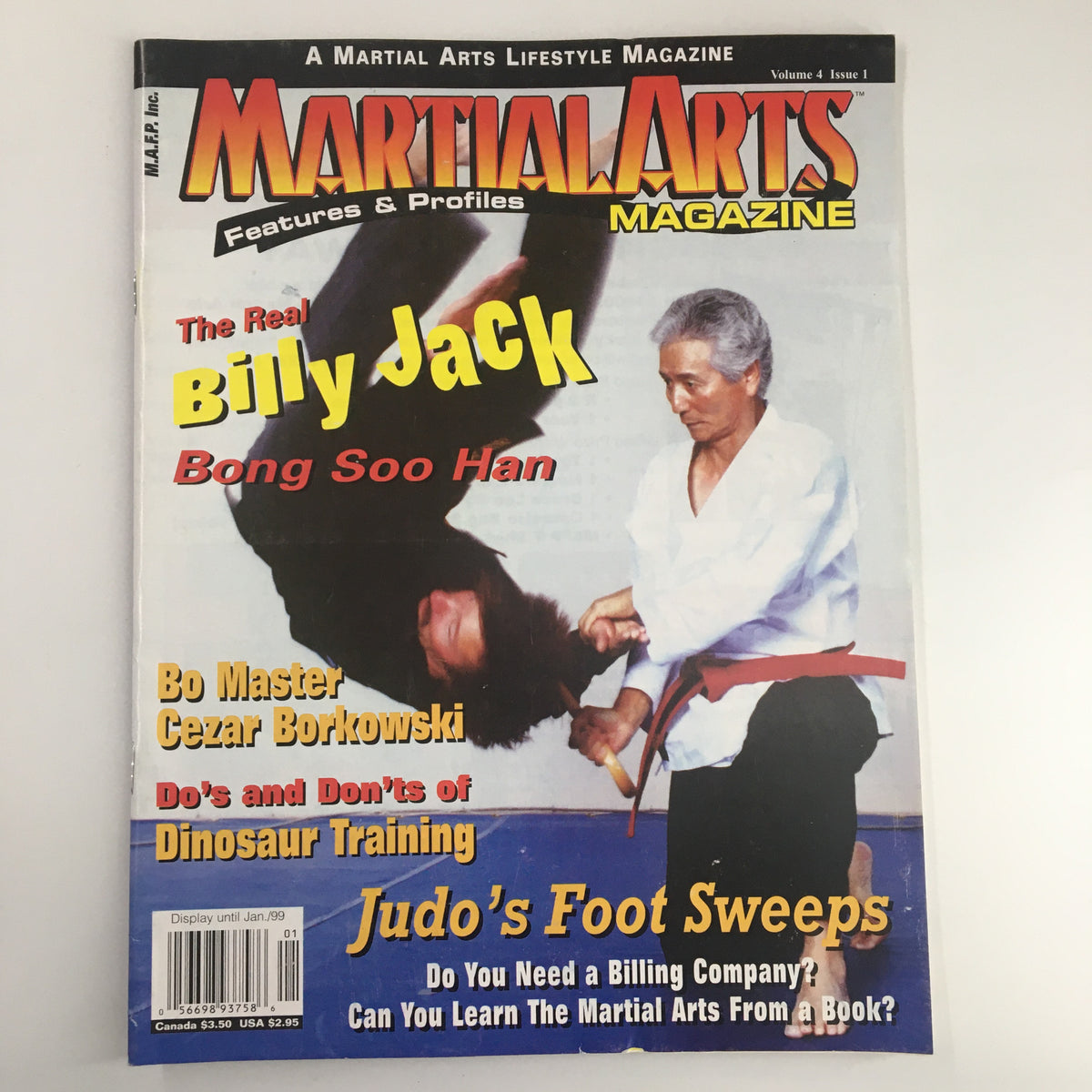 Martial Arts Magazine January 1999 featuring The Real Billy Jack and Bong Soo Han on the cover, showcasing martial arts lifestyle and notable personalities.