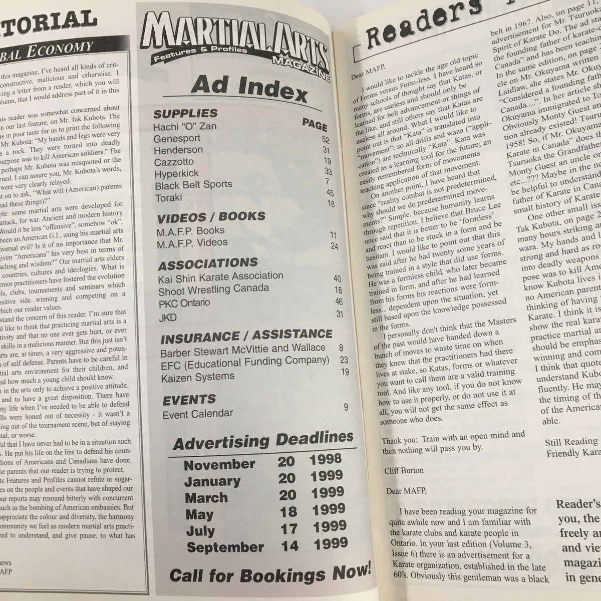 Inside spread of Martial Arts Magazine January 1999, displaying the ad index and reader letters, highlighting the magazine's content and community engagement.