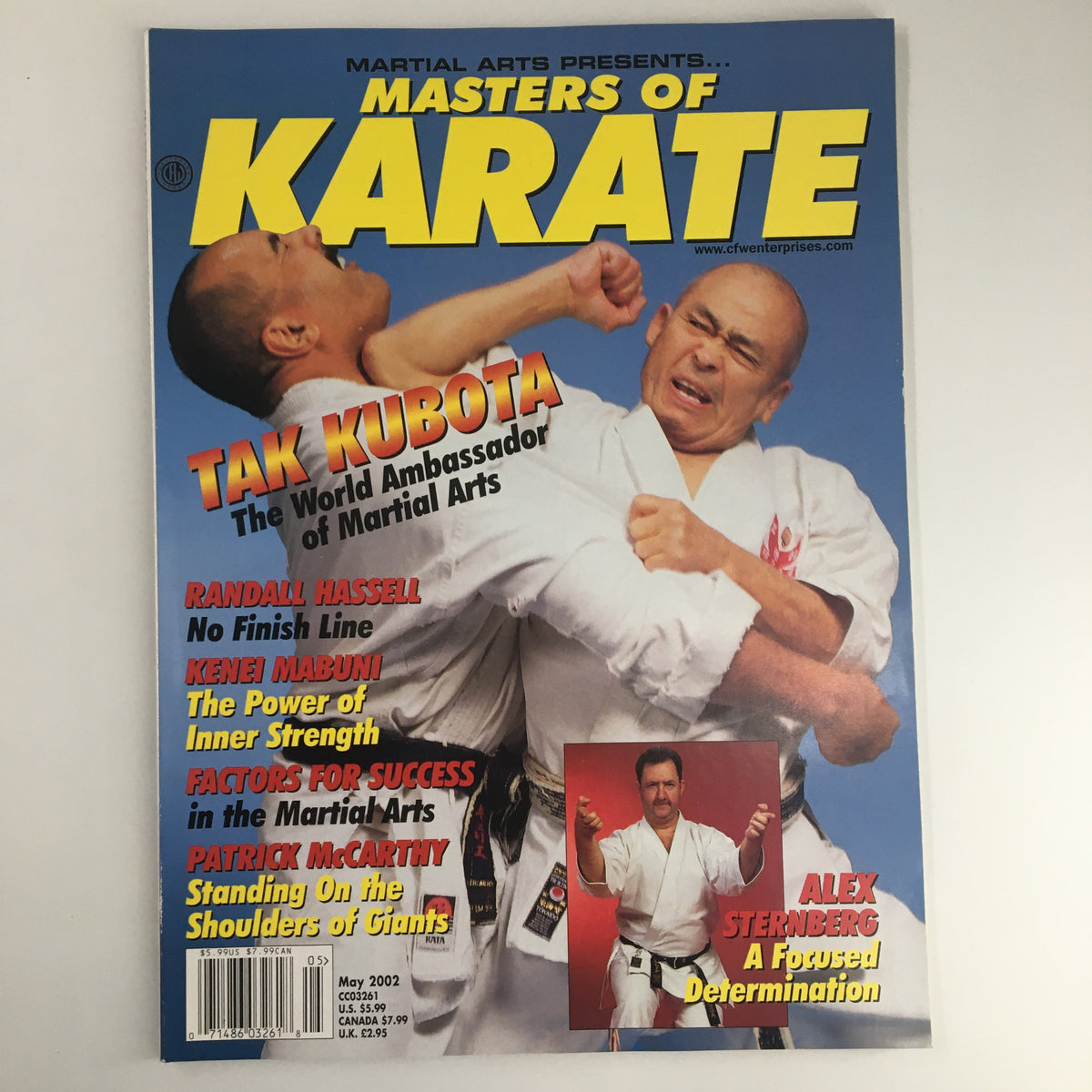 Cover of Masters of Karate Magazine May 2002 featuring martial artists Tak Kubota, Randall Hassell and Alex Sternberg. Highlights articles on martial arts techniques, strengths and accomplishments.