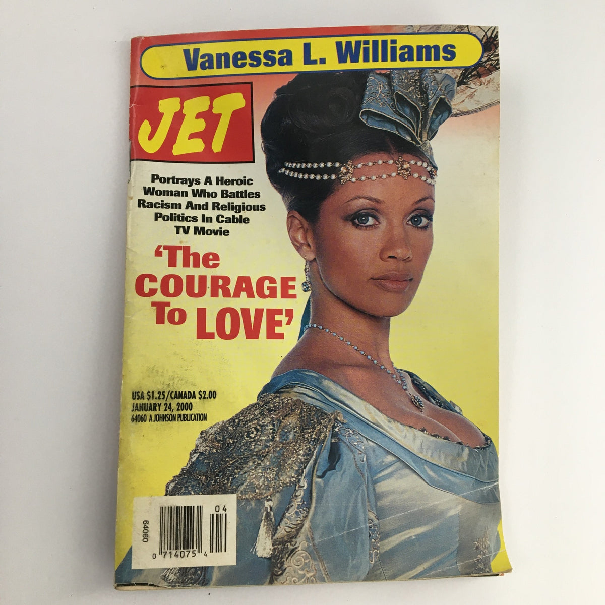 Cover of Jet Magazine dated January 24, 2000 featuring Vanessa L. Williams, highlighting her role in 'The Courage To Love' with a description of the magazine's focus on themes of race and politics in a TV movie.