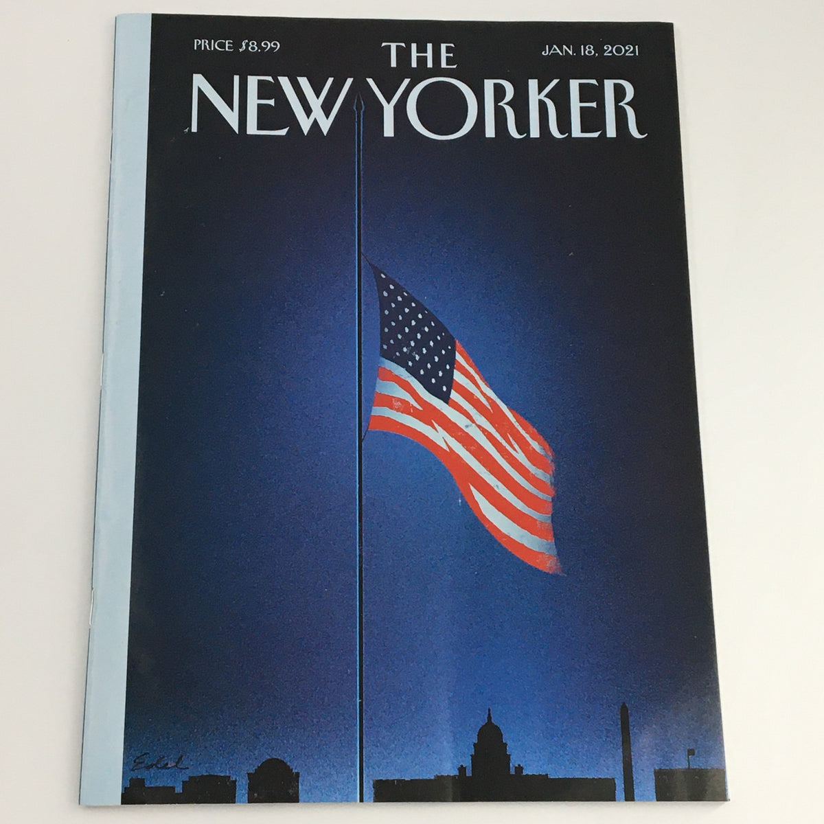 The New Yorker January 18 2021 Full Magazine Theme Cover by Edel Rodriguez featuring a prominent American flag against a twilight skyline, ideal for vintage magazine collectors.