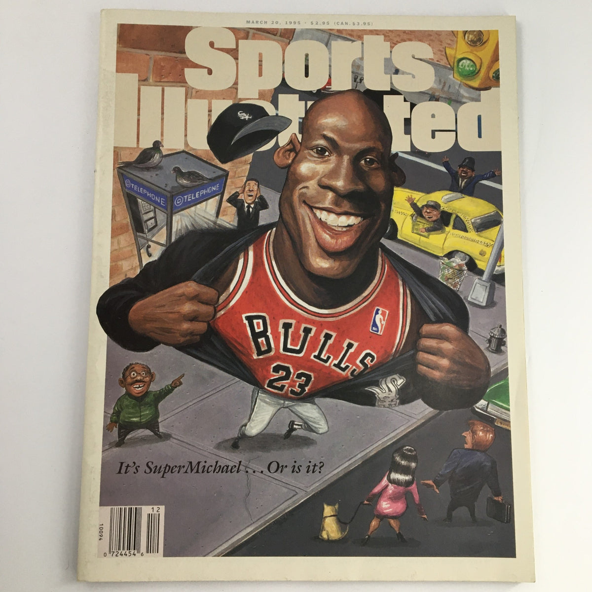 Sports Illustrated Magazine March 20 1995 featuring an illustrated cover of NBA legend Michael Jordan in a Chicago Bulls jersey, showcasing his dynamic persona and humor from the mid-90s era.