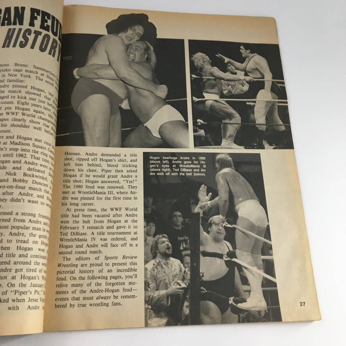 Article page from Sports Review Wrestling Magazine May 1988 discussing the Andre-Hogan feud with historic photos of their wrestling encounters.