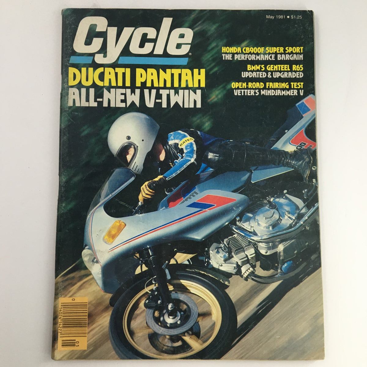 Cover of Cycle Magazine from May 1981 featuring Ducati Pantah V-Twin, showcasing a motorcyclist in action on a grey Ducati bike with vibrant typography highlighting the featured models including Honda CBF900F and BMW Genteel R65.
