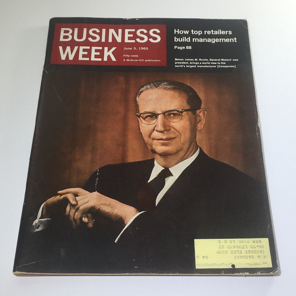 Cover of Business Week Magazine dated June 5, 1965, featuring an image of James M. Roche, President of General Motors, highlighting industry insights and corporate management.