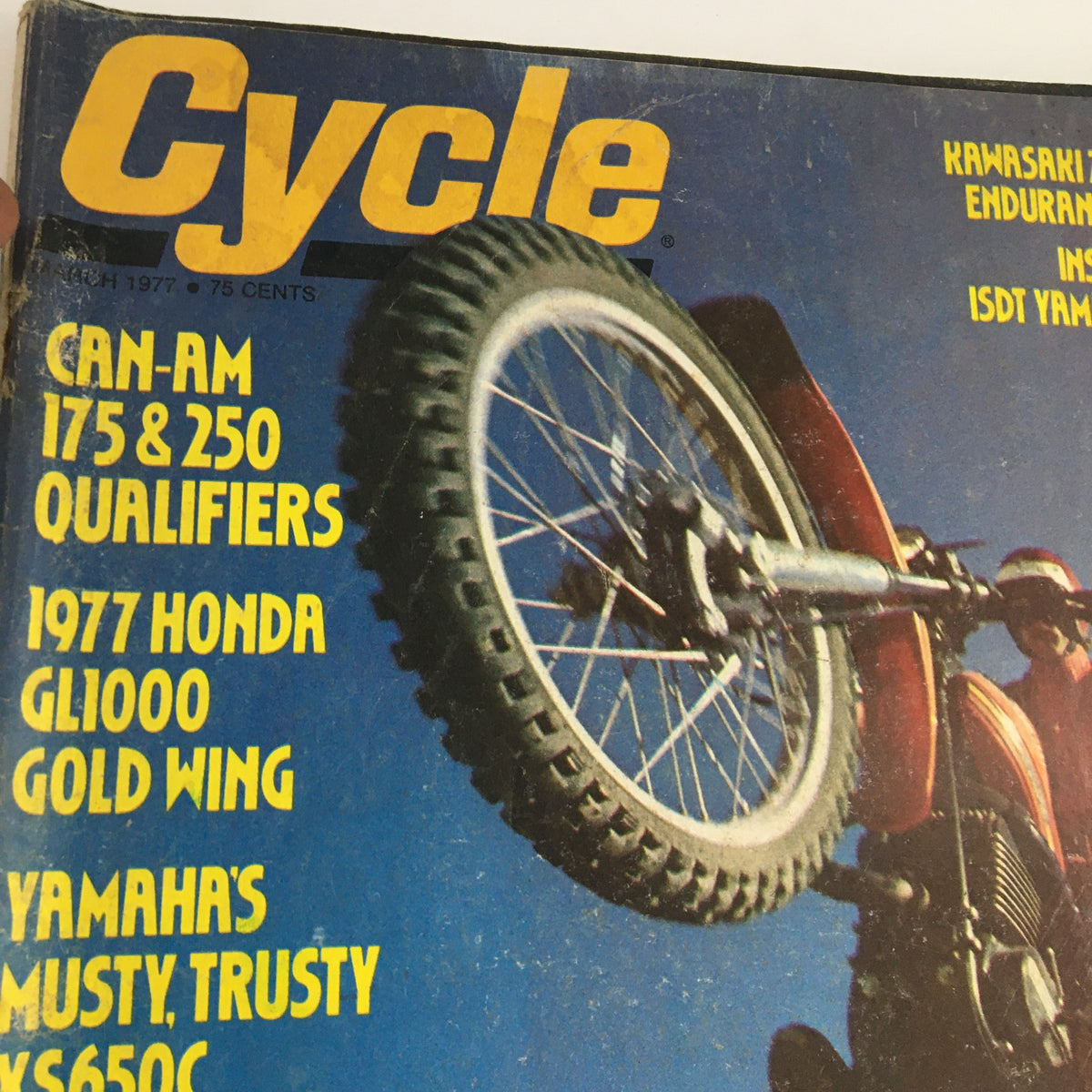 Cover of Cycle Magazine March 1977 displaying the title and articles about Can-Am 175 & 250, Honda GL1000, and Yamaha XS650C.