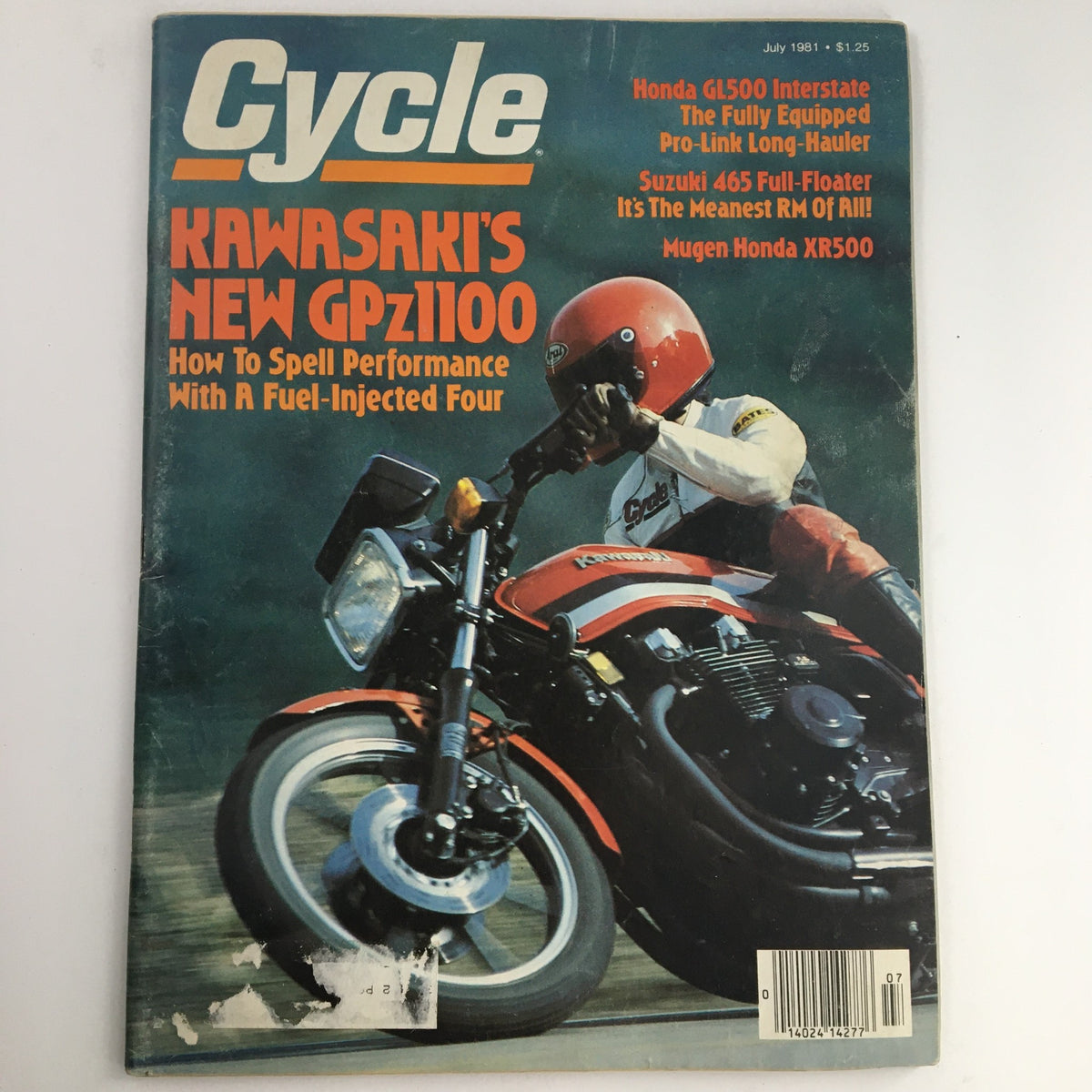 Cycle Magazine July 1981 cover featuring the Kawasaki GPz1100 motorcycle, showcasing its performance appeal. Highlights include articles on Honda GL500 Interstate, Suzuki 465, and Mugen Honda XR500, ideal for motorcycle enthusiasts and collectors.