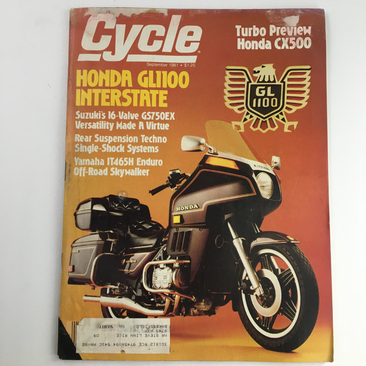 Cycle Magazine September 1981 featuring the Honda GL1100 Interstate on the cover, showcasing motorcycle technology from the era.