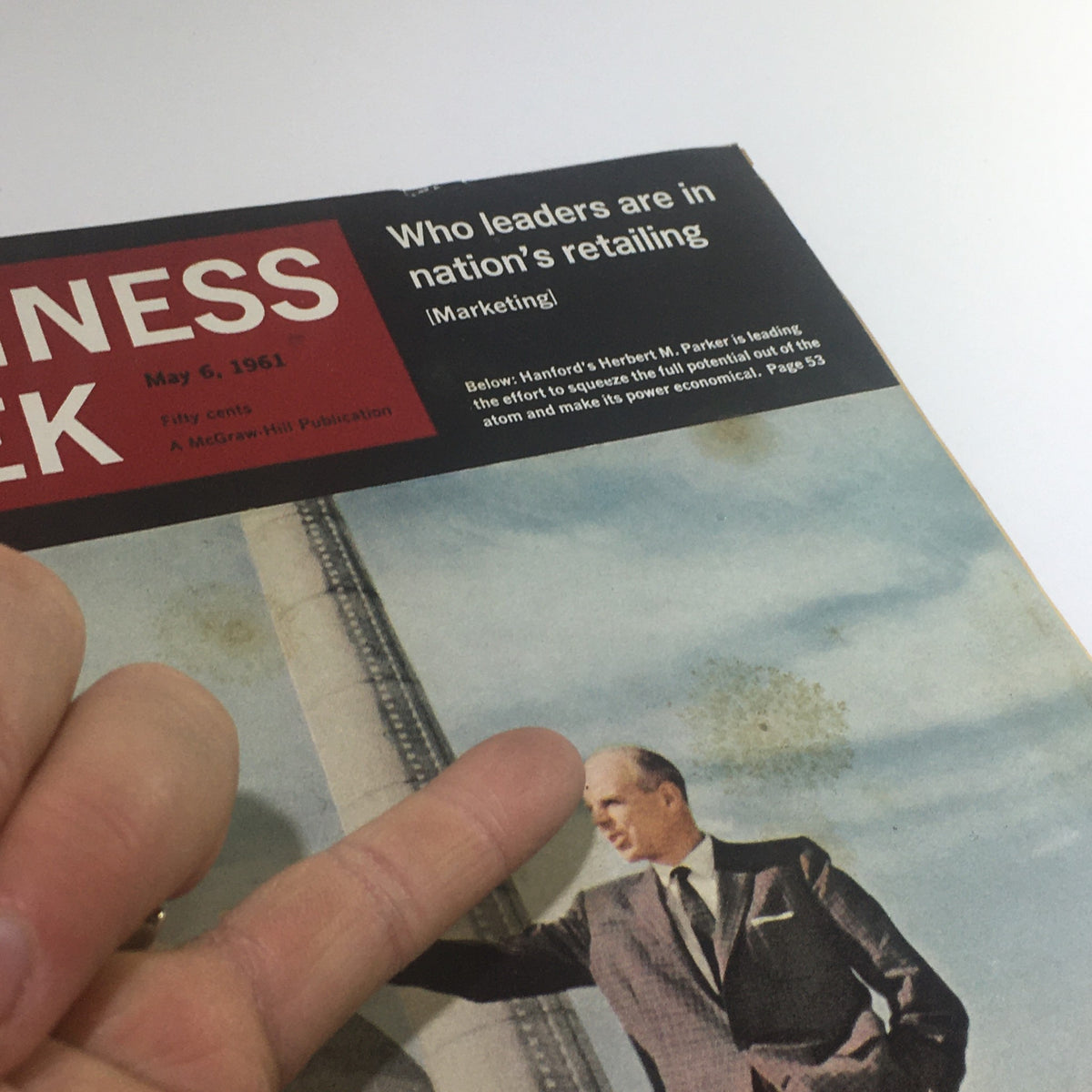 Close-up of the Business Week Magazine cover from May 6, 1961, highlighting the article on Hanford's Herbert M. Parker and the nation's retailing.