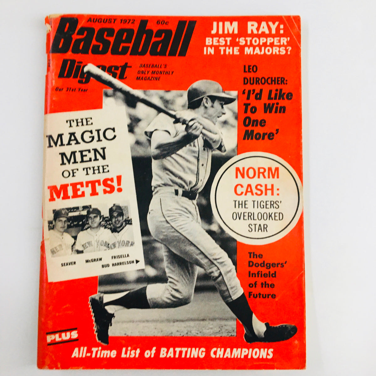 VTG Baseball Digest Magazine August 1972 featuring Bud Harrelson on the cover, showcasing baseball nostalgia and collectible value for fans.
