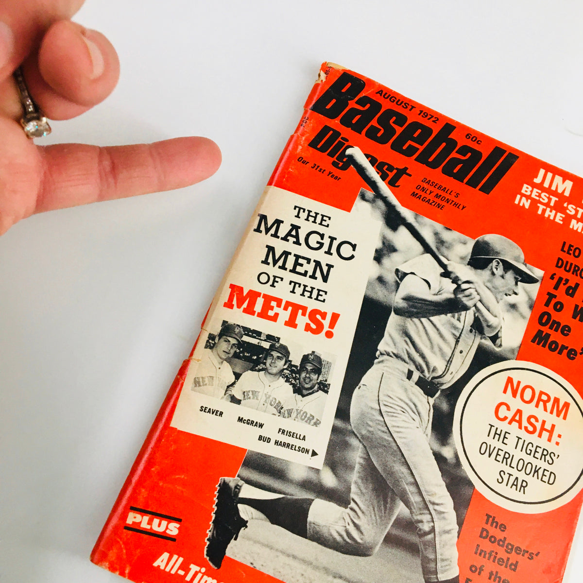 Close-up view of the VTG Baseball Digest Magazine August 1972 featuring Bud Harrelson, highlighting the magazine's iconic cover design and details.