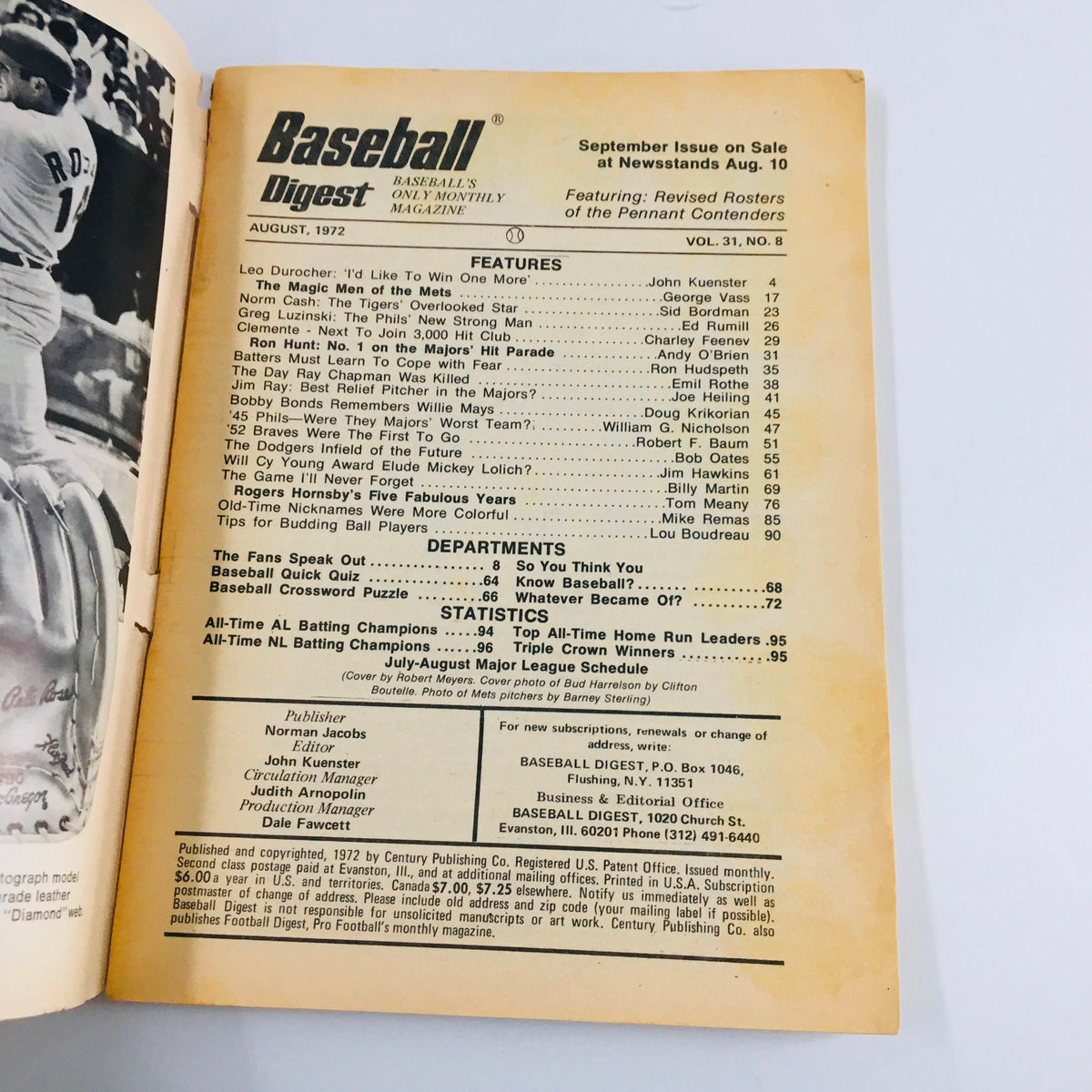 Interior page of the VTG Baseball Digest Magazine August 1972, displaying contents and features inside the magazine, showcasing historical baseball articles.