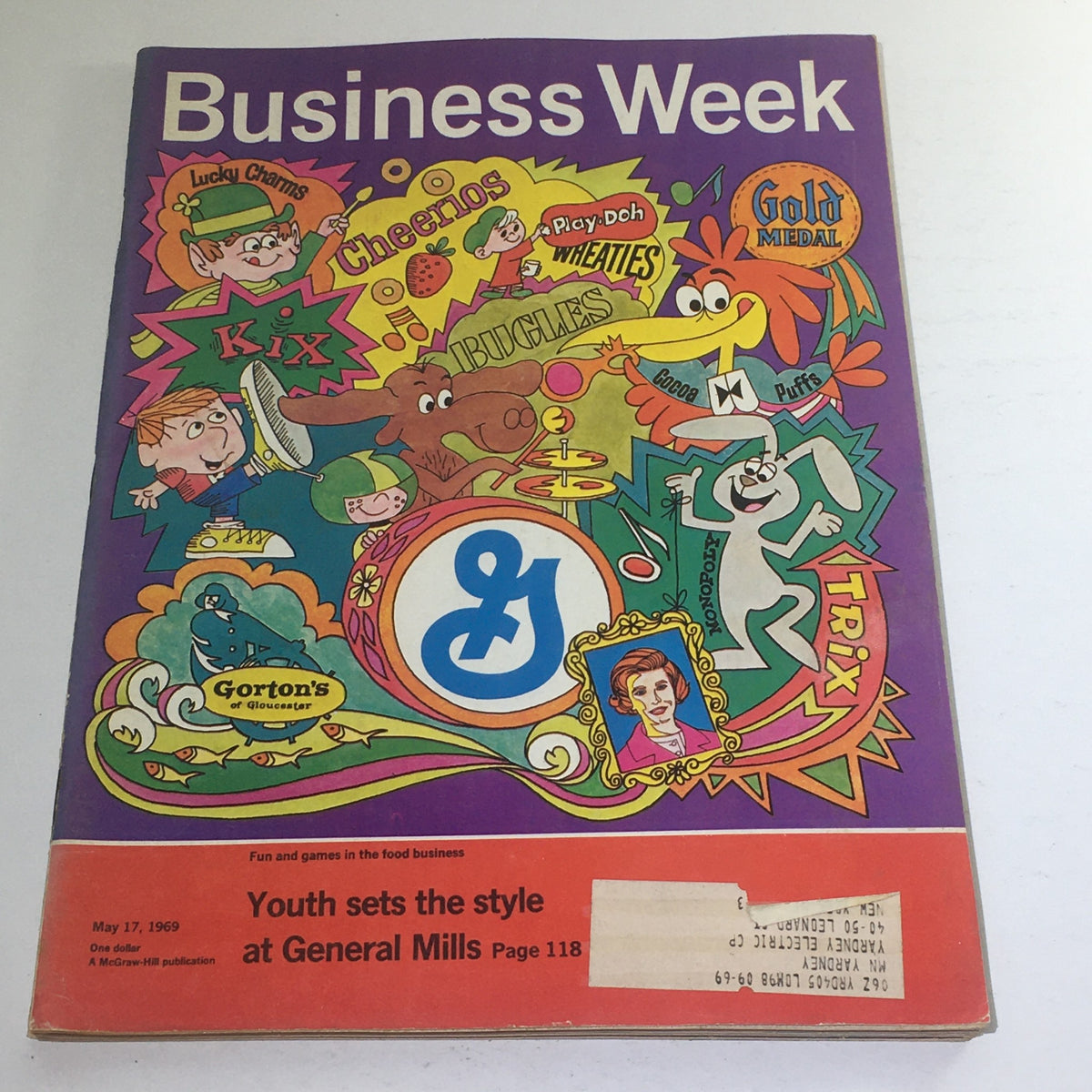 Cover of Business Week Magazine from May 17, 1969, featuring vibrant illustrations of popular cereal brands such as Lucky Charms, Cheerios, and Wheaties, with the title 'Fun and Games In The Food Business' prominently displayed.