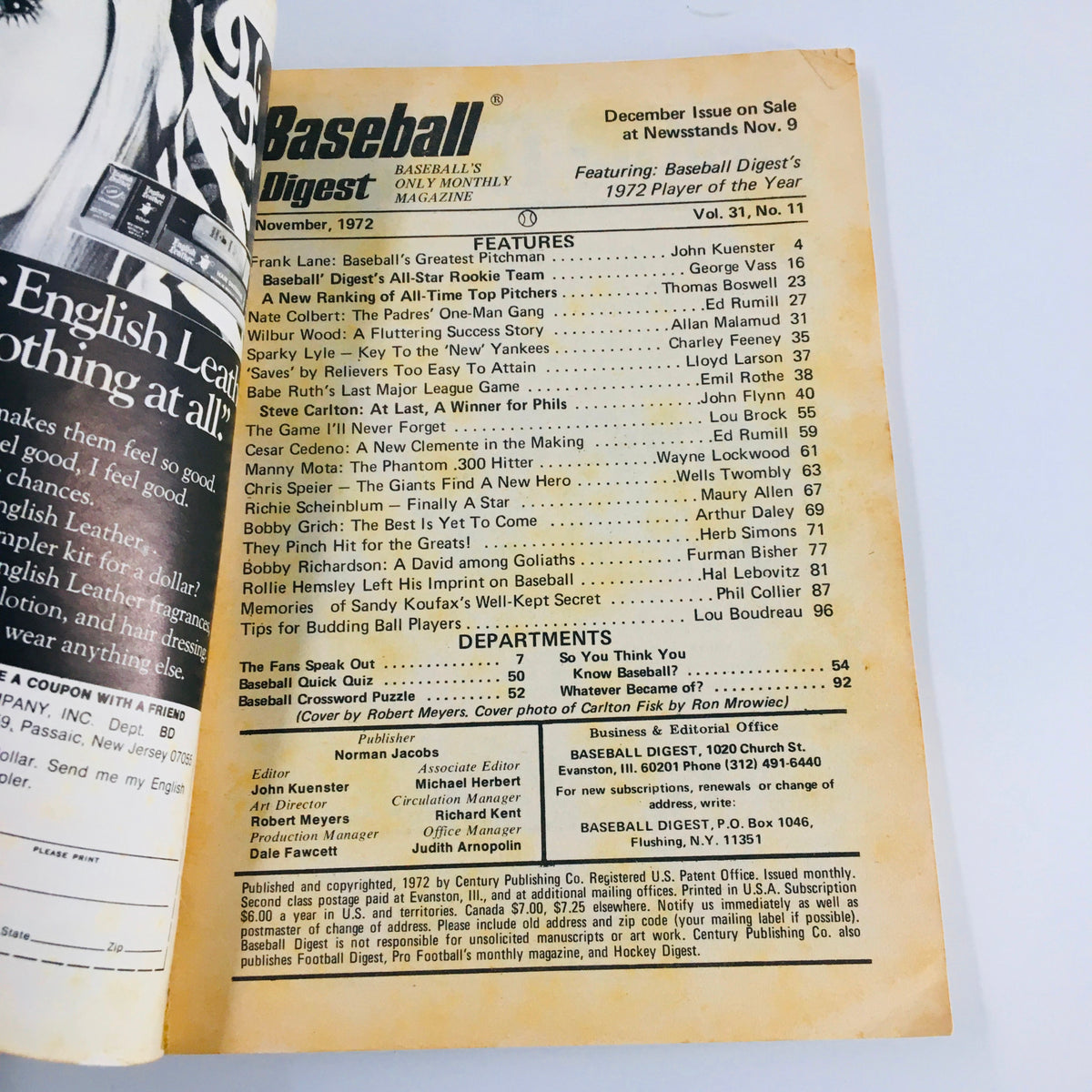 Vintage Baseball Digest Magazine November 1972 Boston's Carlton Fisk No Label