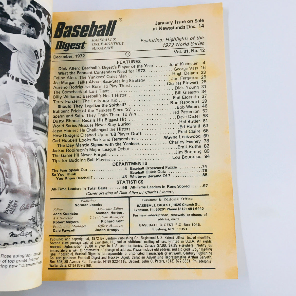Inside page of VTG Baseball Digest Magazine December 1972 showing features and articles about Dick Allen, 1972 Player of the Year.