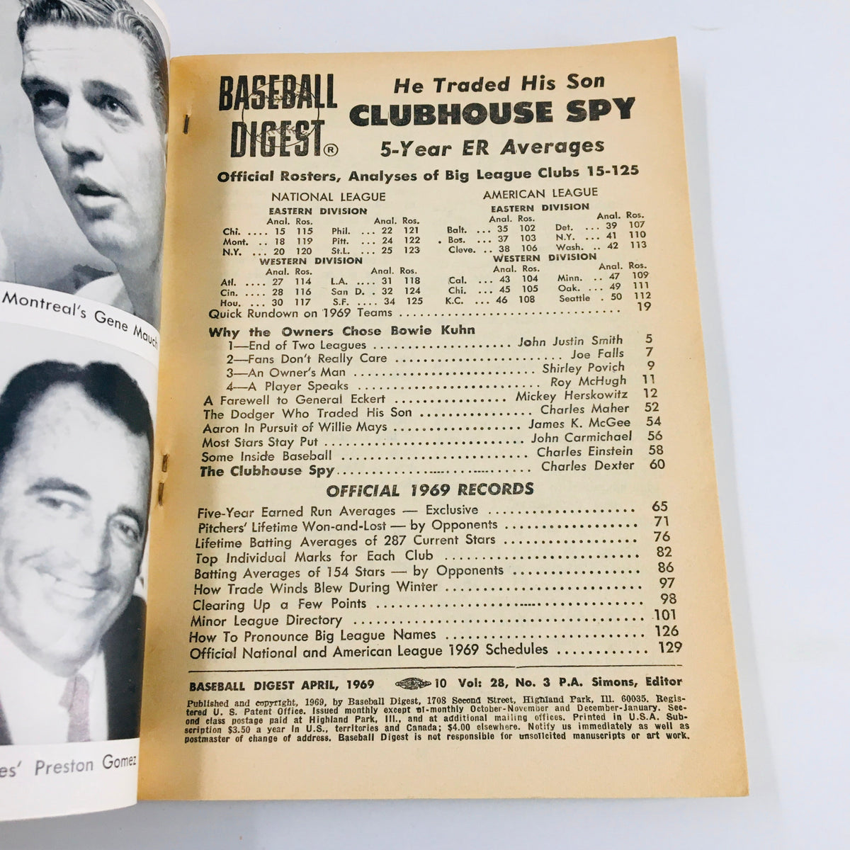 Interior page of VTG Baseball Digest Magazine April 1969 featuring 'Clubhouse Spy' section and roster averages for Major League Baseball teams. Includes a headline on why Bowie Kuhn was chosen with various analyses.