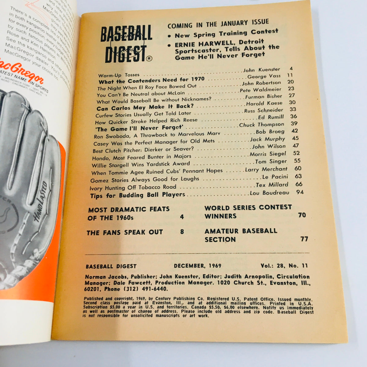Inside page of VTG Baseball Digest Magazine December 1969, highlighting upcoming articles and features including a section on the most dramatic feats of the 1960s.