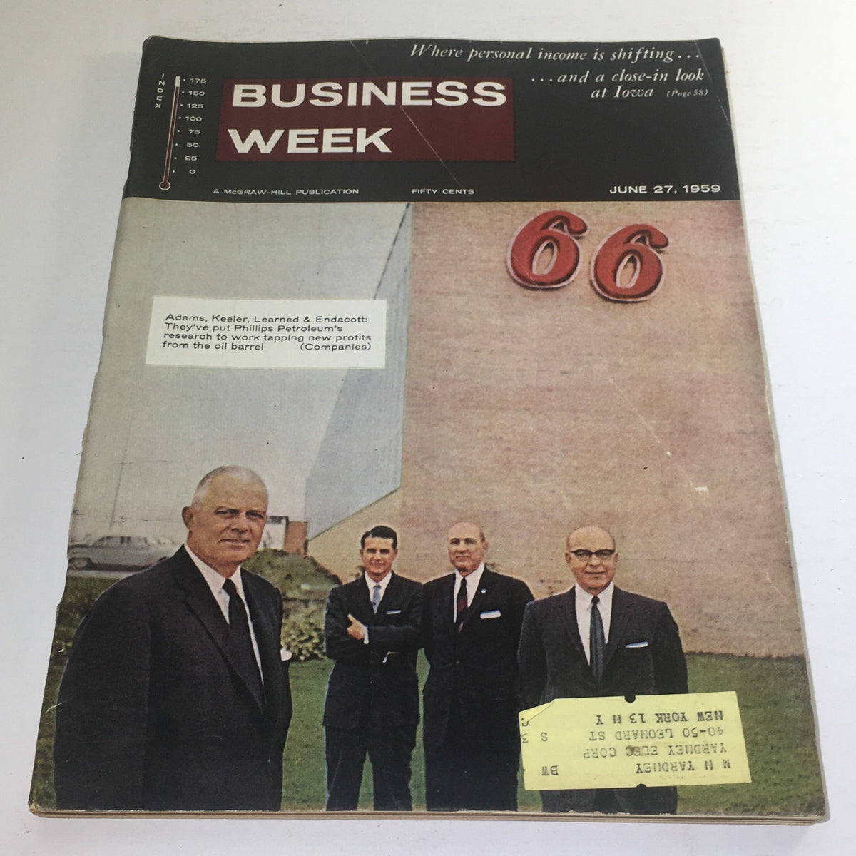 Cover of Business Week Magazine from June 27, 1959, featuring prominent figures Adams, Keeler, and others from Philipps Petroleum, highlighting business insights of the late 1950s.