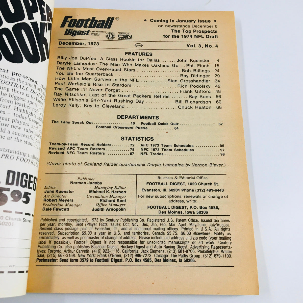 Back cover of VTG Football Digest Magazine December 1973 featuring the table of contents and advertisement details, highlighting Daryle Lamonica on the cover. Perfect for vintage football magazine enthusiasts.