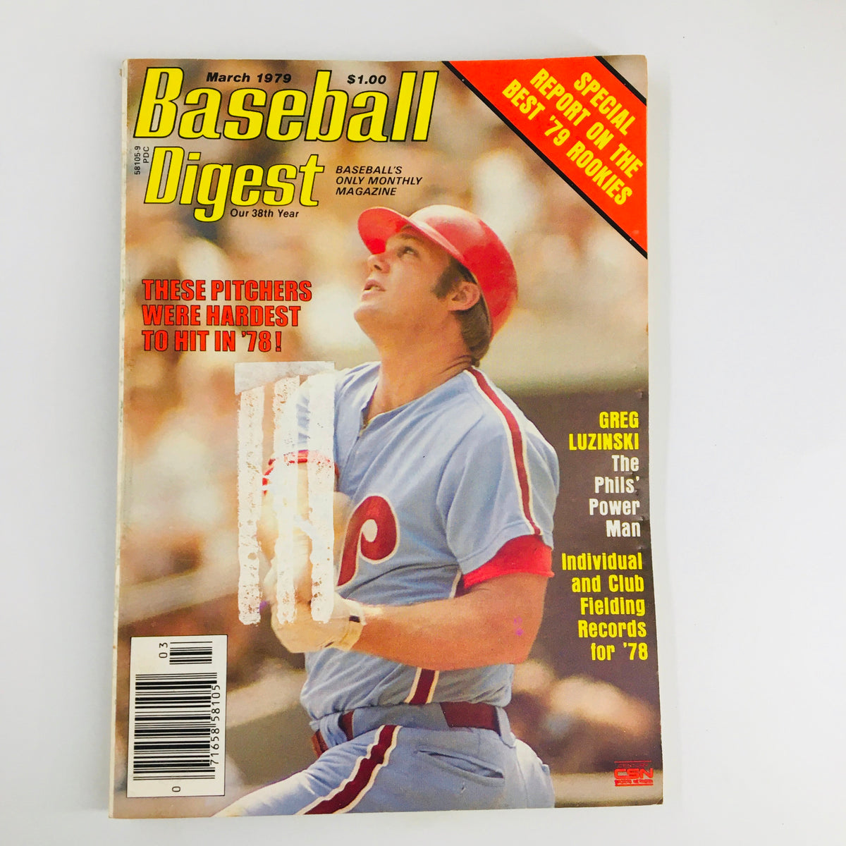 Vintage Baseball Digest Magazine from March 1979 featuring Greg Luzinski, known as 'The Phil's Power Man', on the cover. Highlights key baseball statistics and notable players from the 1978 season.