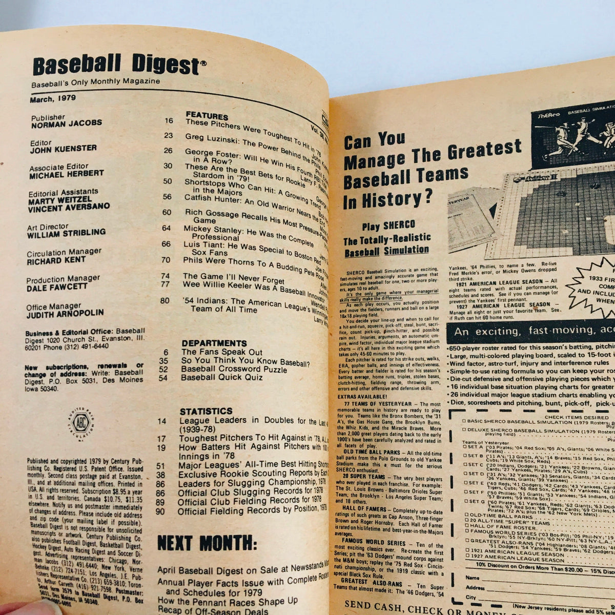 Inside page of the Baseball Digest Magazine from March 1979 showing the table of contents, including articles about Greg Luzinski and baseball statistics. This vintage publication captures historical baseball insights.