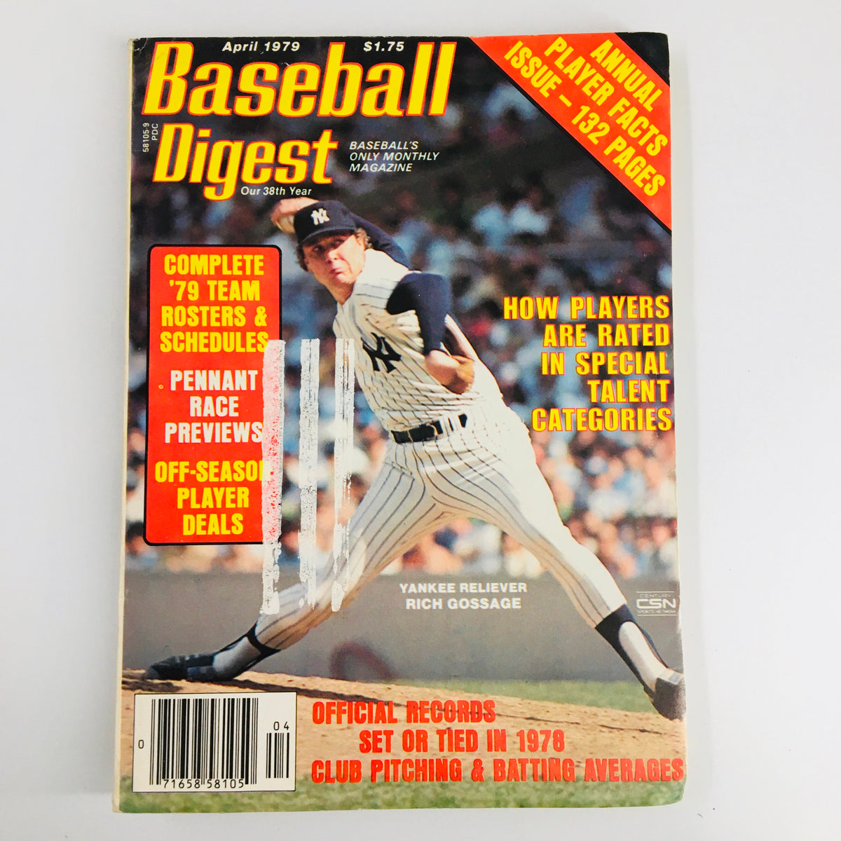 VTG Baseball Digest Magazine April 1979 featuring Yankee reliever Rich Gossage on the cover, showcasing vintage baseball memorabilia.