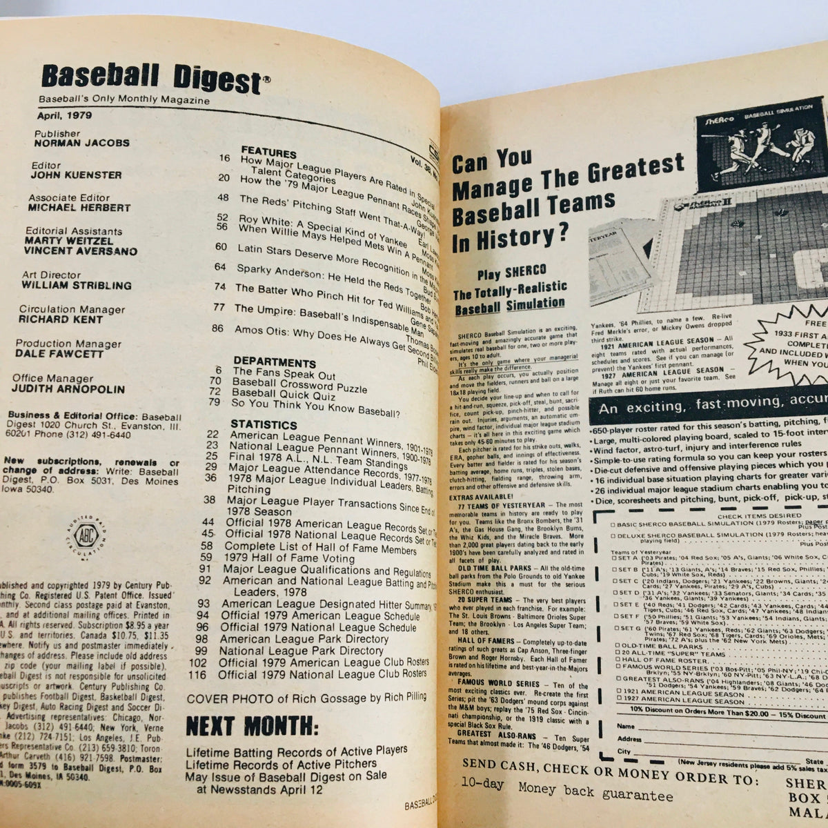 Inside page of the April 1979 Baseball Digest Magazine including articles and features related to baseball statistics and history.