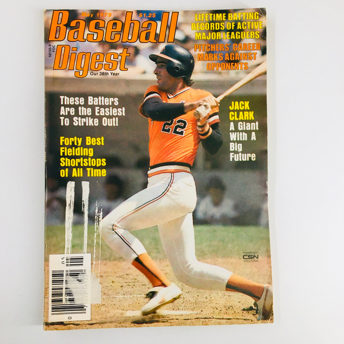 Vintage Baseball Digest Magazine May 1979 featuring Jack Clark on the cover, showcasing him in a batting stance, exemplifying the era of baseball with bold headlines highlighting his potential.