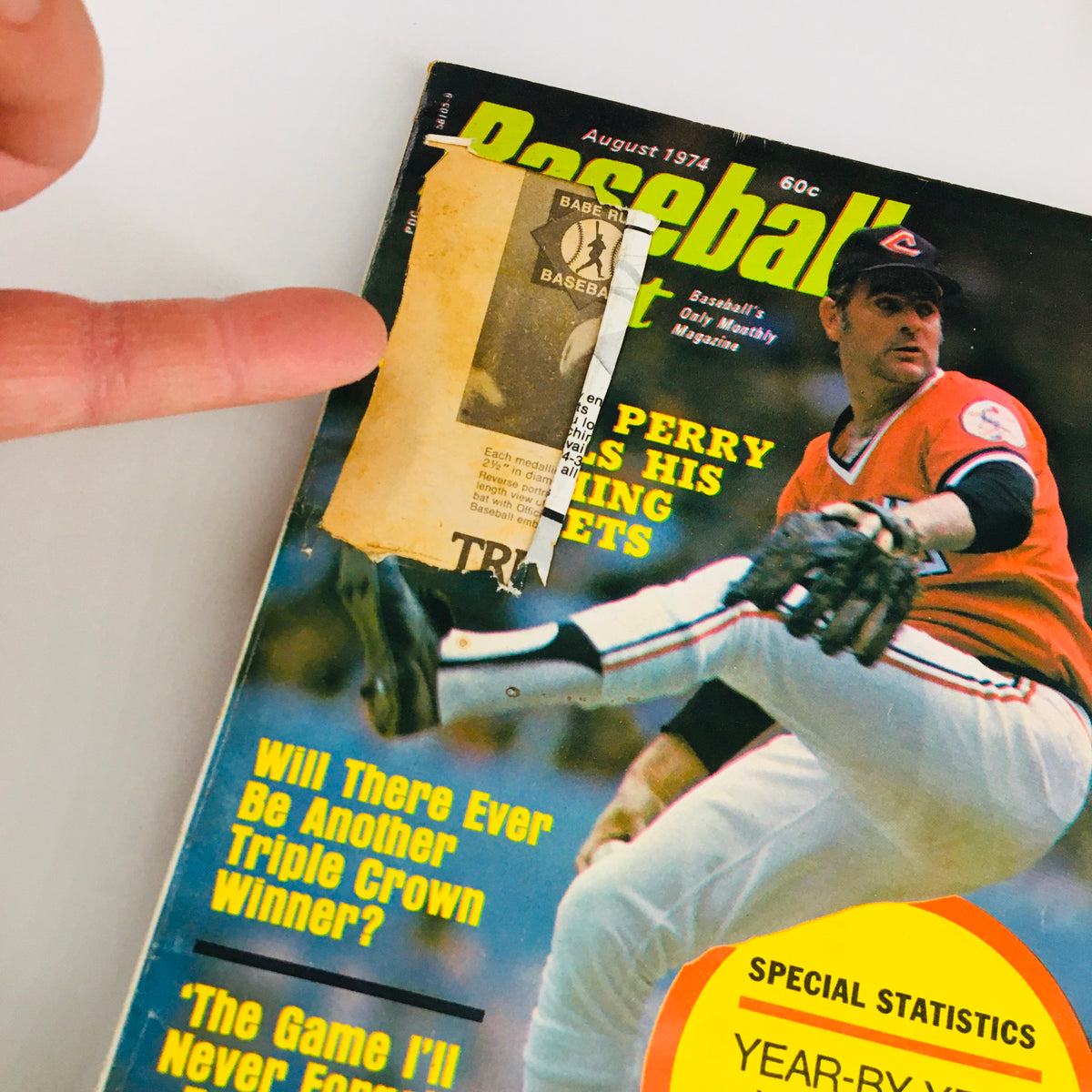 Close-up view of the cover of VTG Baseball Digest Magazine August 1974 with a focus on Gaylord Perry's image and magazine label.