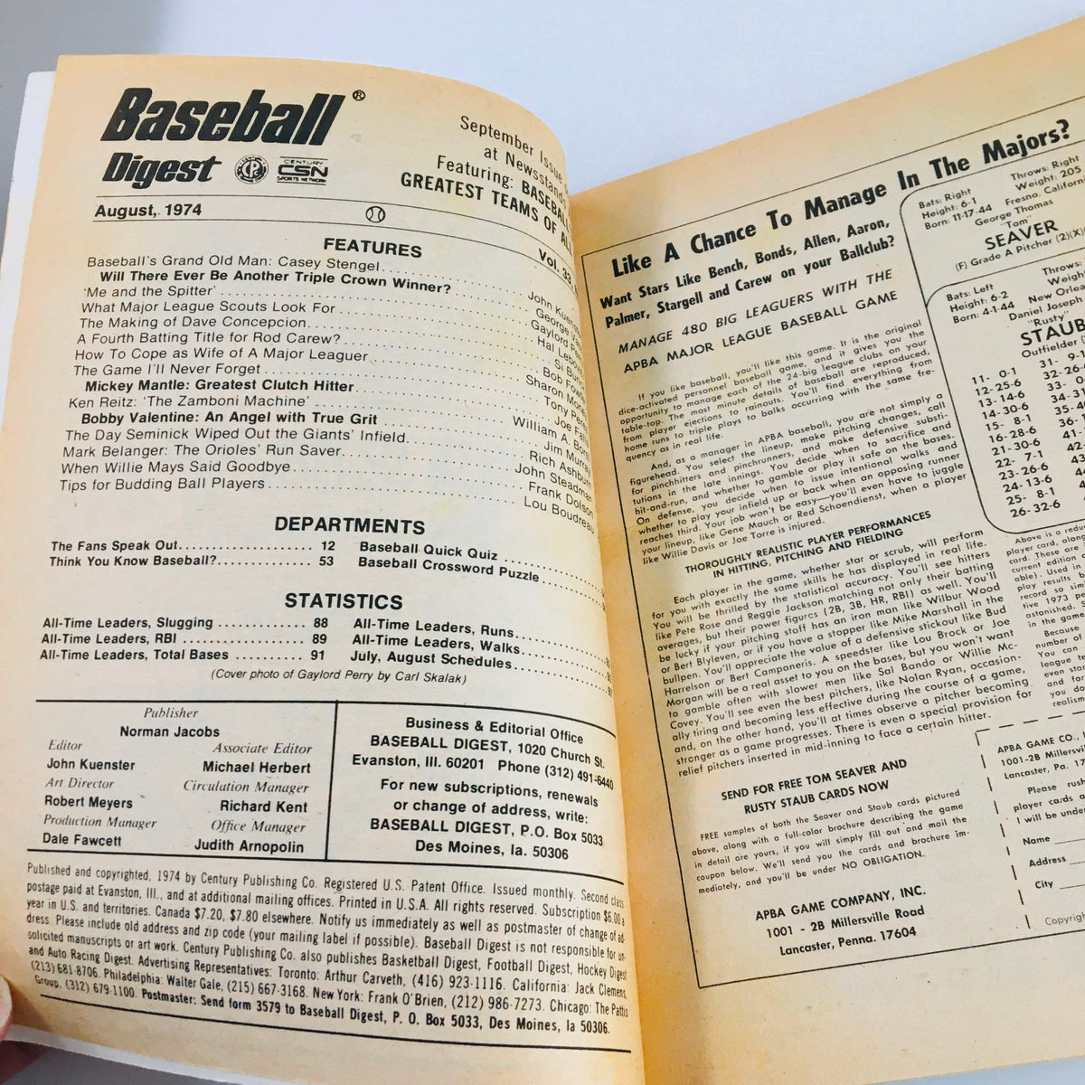 Inside page of VTG Baseball Digest Magazine August 1974 featuring contents and statistics. The issue showcases legendary pitcher Gaylord Perry with an article by Carl Skalak, making it a collectible for baseball enthusiasts.