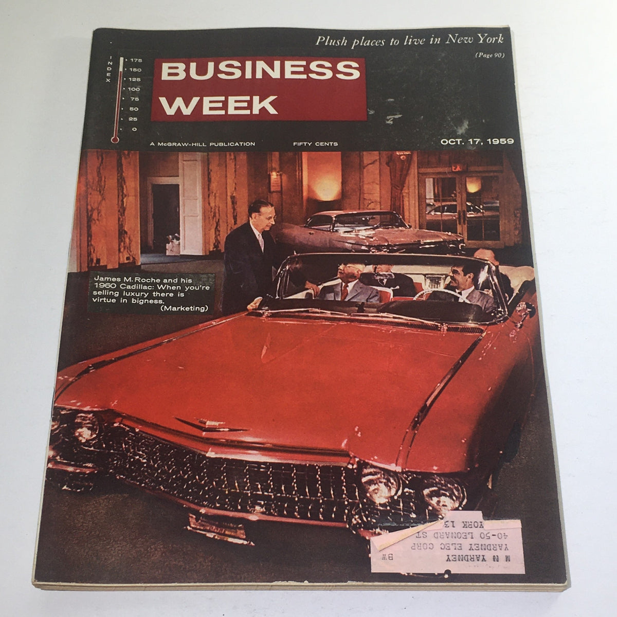 Cover of Business Week Magazine from October 17, 1959, featuring James M. Roche with his 1960 Cadillac, highlighting the intersection of luxury and automotive innovation in the late 1950s.