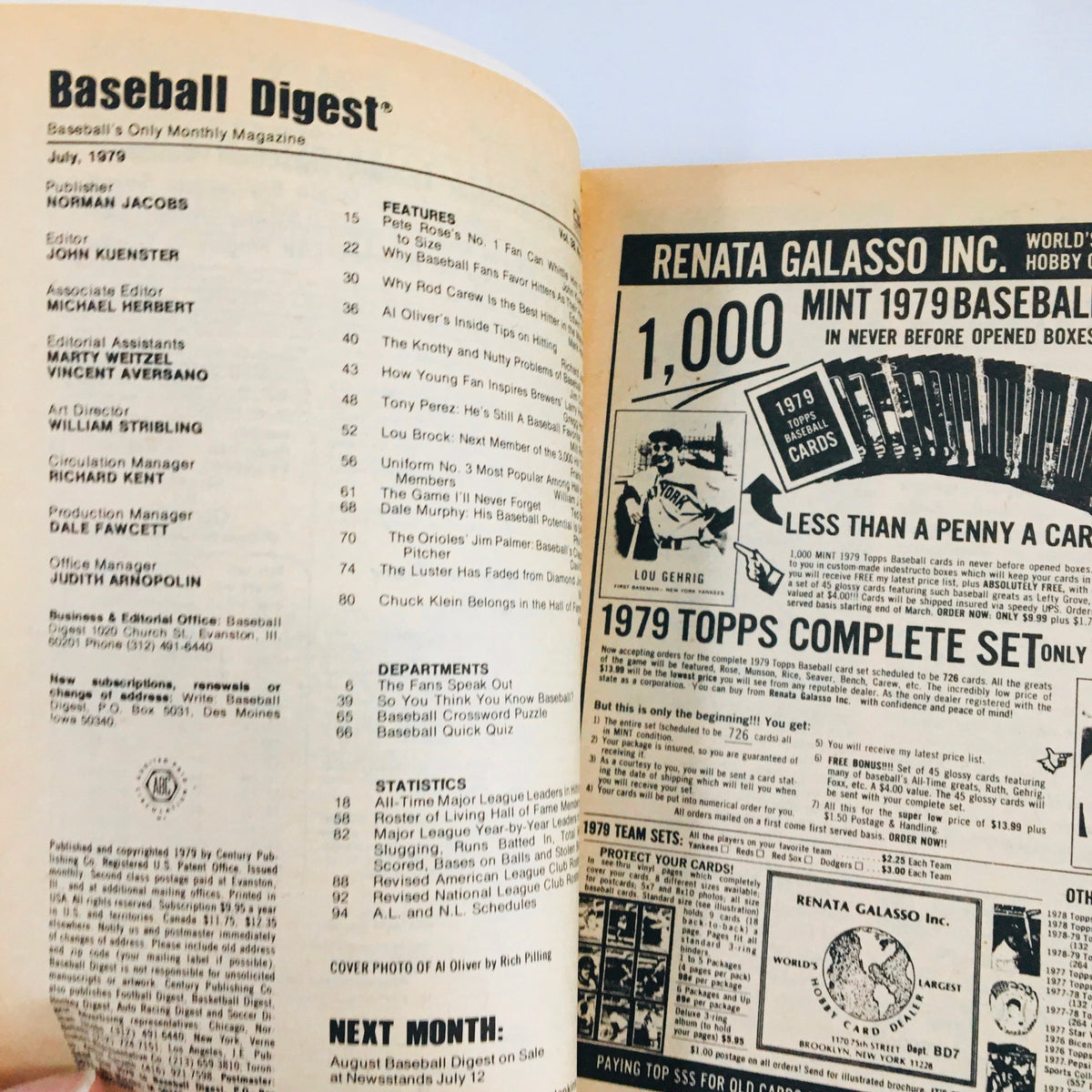 Inside page of the July 1979 Baseball Digest Magazine showcasing contents, articles, and advertisements related to baseball.