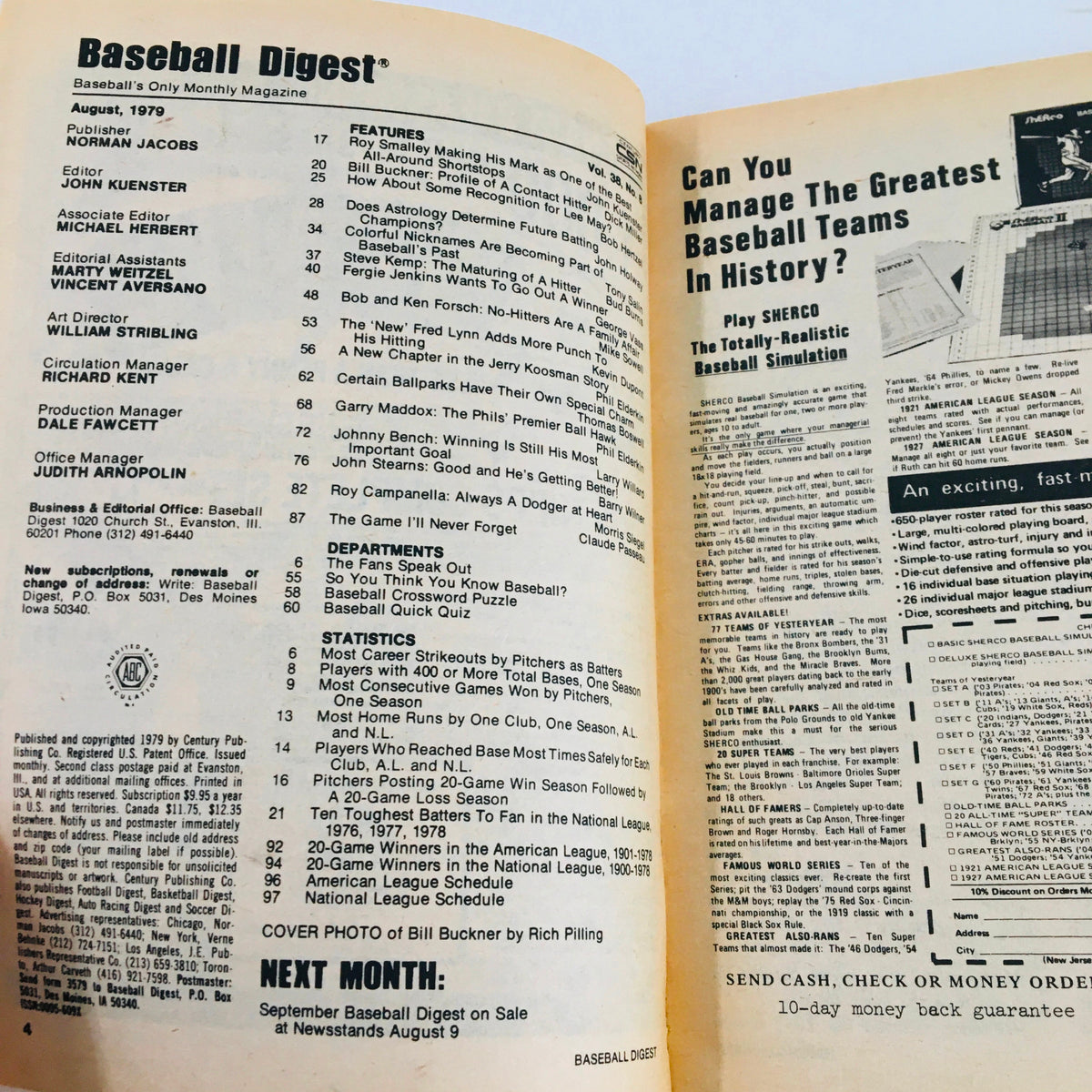 Inside page of VTG Baseball Digest Magazine August 1979 showcasing the contents and features, including Bill Buckner's profile.