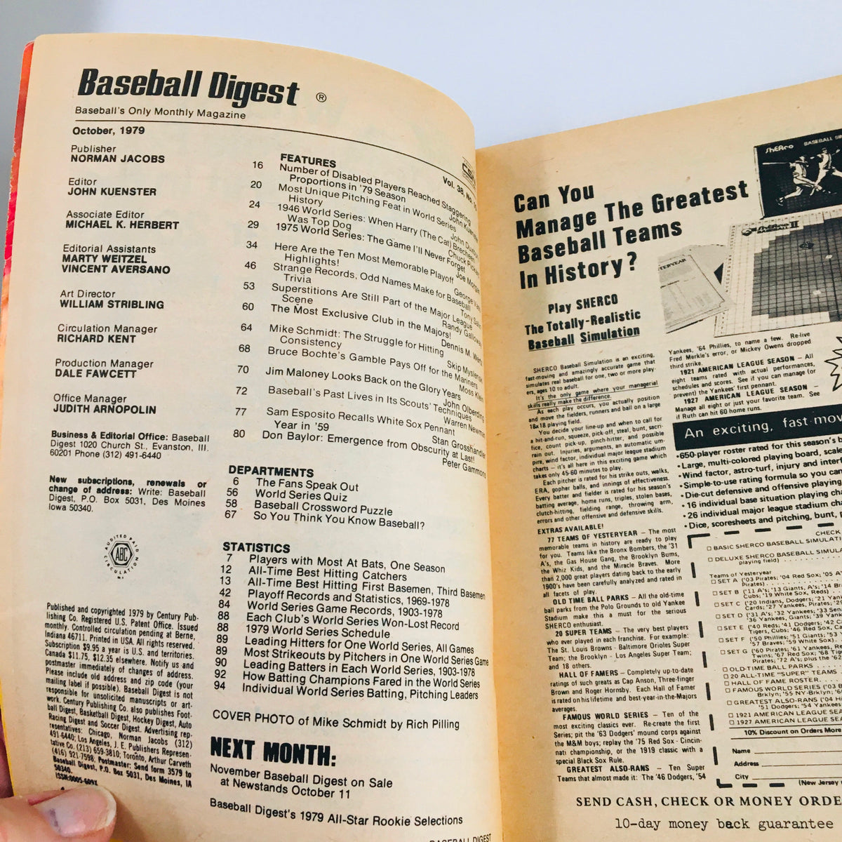 Inside page of the VTG Baseball Digest Magazine, October 1979, showcasing the table of contents and notable features, including Mike Schmidt's cover story on consistency.