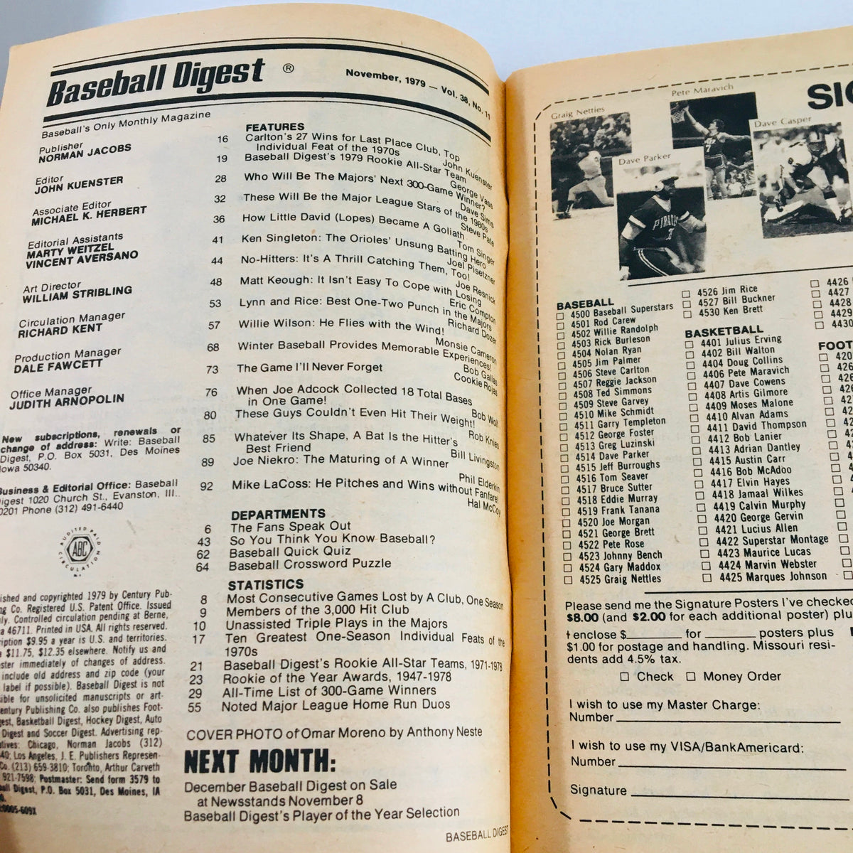 Inside pages of the VTG Baseball Digest Magazine from November 1979, showcasing the table of contents and articles related to baseball history, statistics, and notable players.