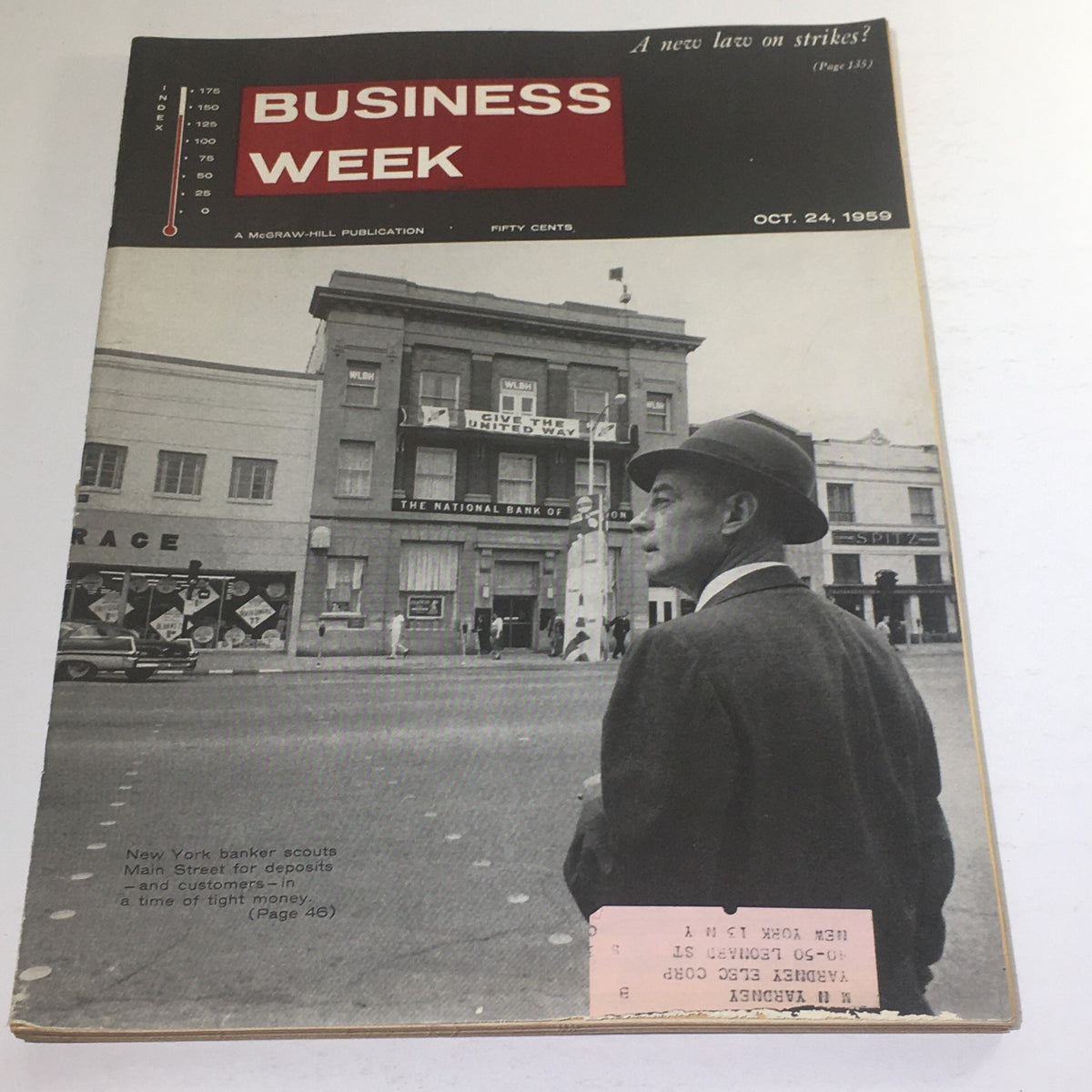 Cover of Business Week Magazine from October 24, 1959, featuring the headline 'A New Law On Strikes.' The cover depicts a vintage photograph of a man in a hat observing a street scene near a bank, highlighting the financial themes of the era.