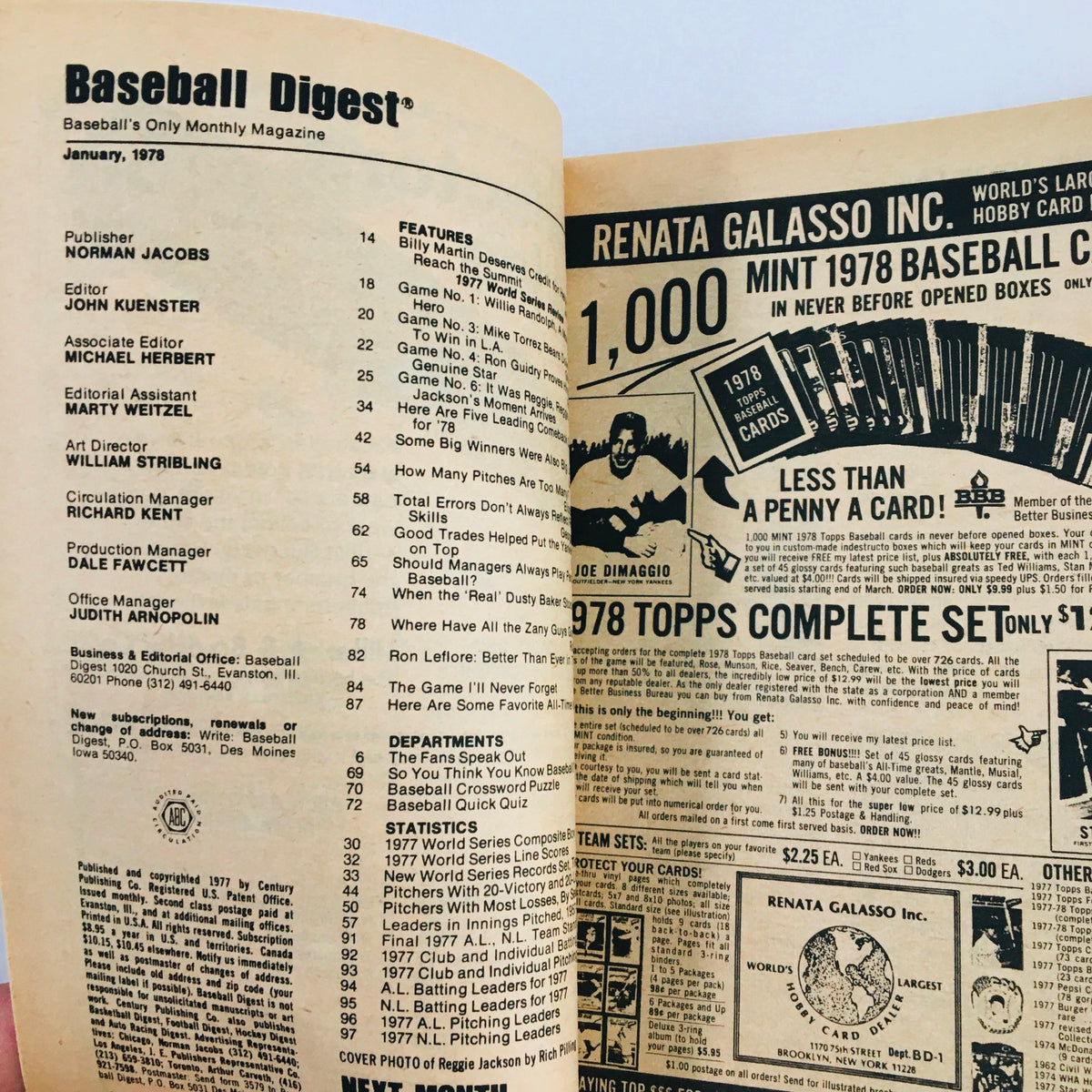Interior page of VTG Baseball Digest Magazine January 1978, displaying table of contents and advertisement for baseball cards, highlighting features of the magazine.