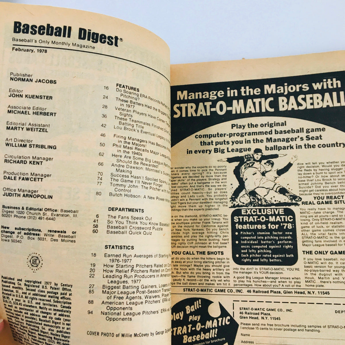 Inside spread of the VTG Baseball Digest Magazine February 1978, displaying the table of contents and features, highlighting Willie McCovey's milestone and baseball articles.