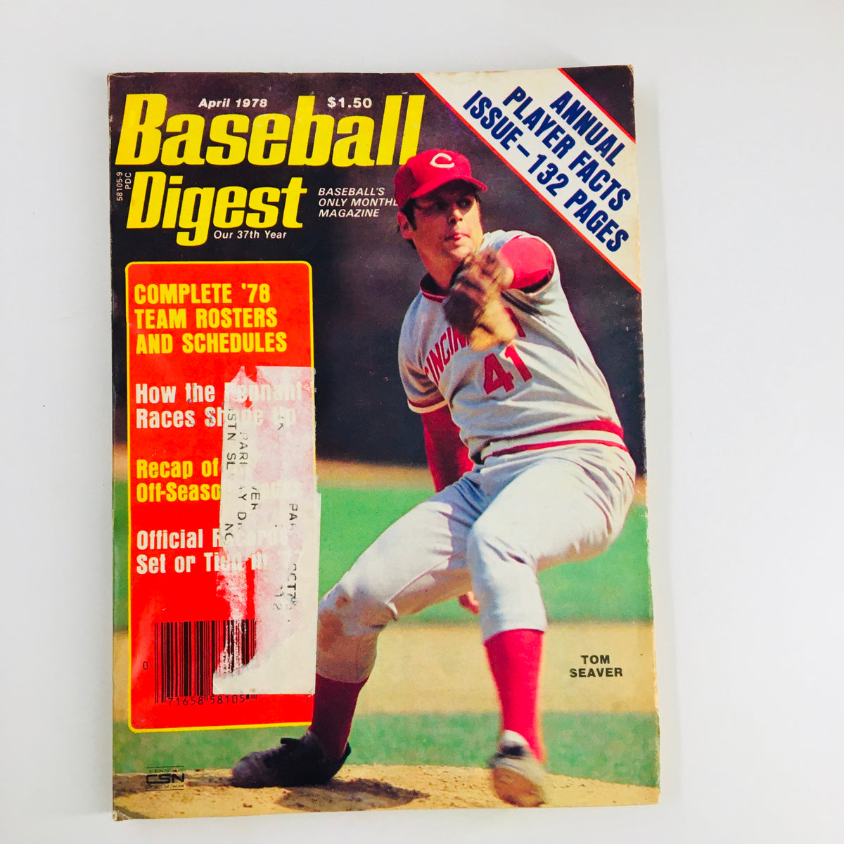 Cover of VTG Baseball Digest Magazine from April 1978 featuring Tom Seaver, pitcher for the Cincinnati Reds, showcasing annual player facts and complete '78 team rosters.