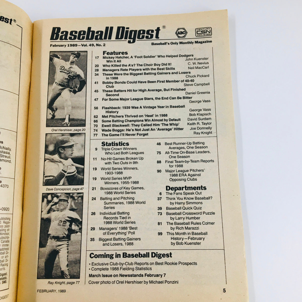 Interior page of Baseball Digest from February 1989, showcasing the table of contents with features including Orel Hershiser and statistics from the 1988 MLB season.