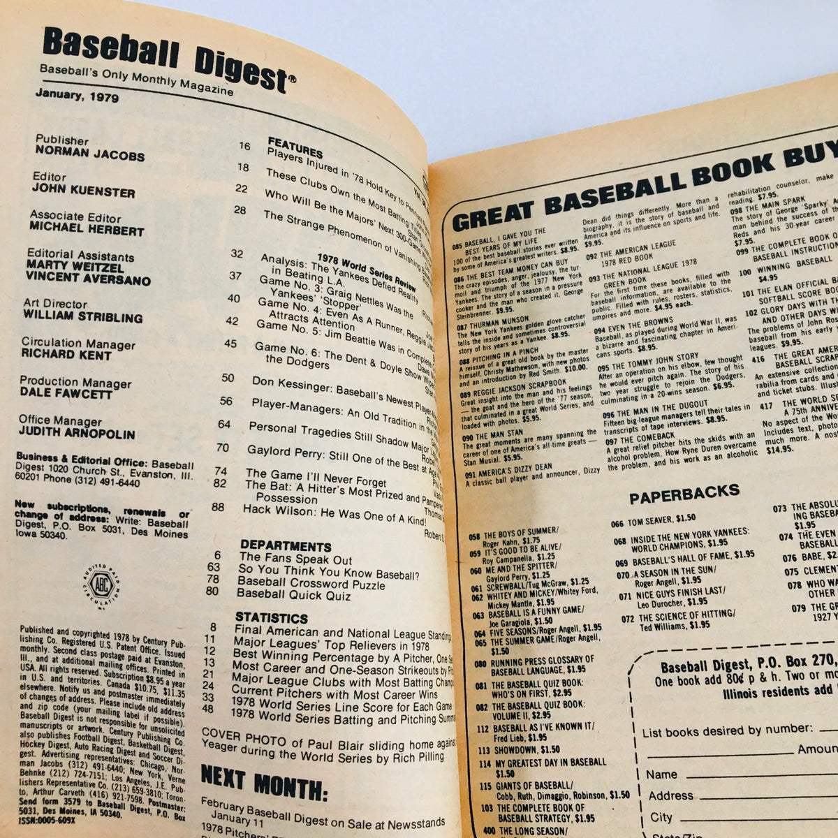 Inside page of Vintage Baseball Digest Magazine January 1979 displaying contents and features, including in-depth analysis of the World Series and player profiles, perfect for baseball history aficionados.