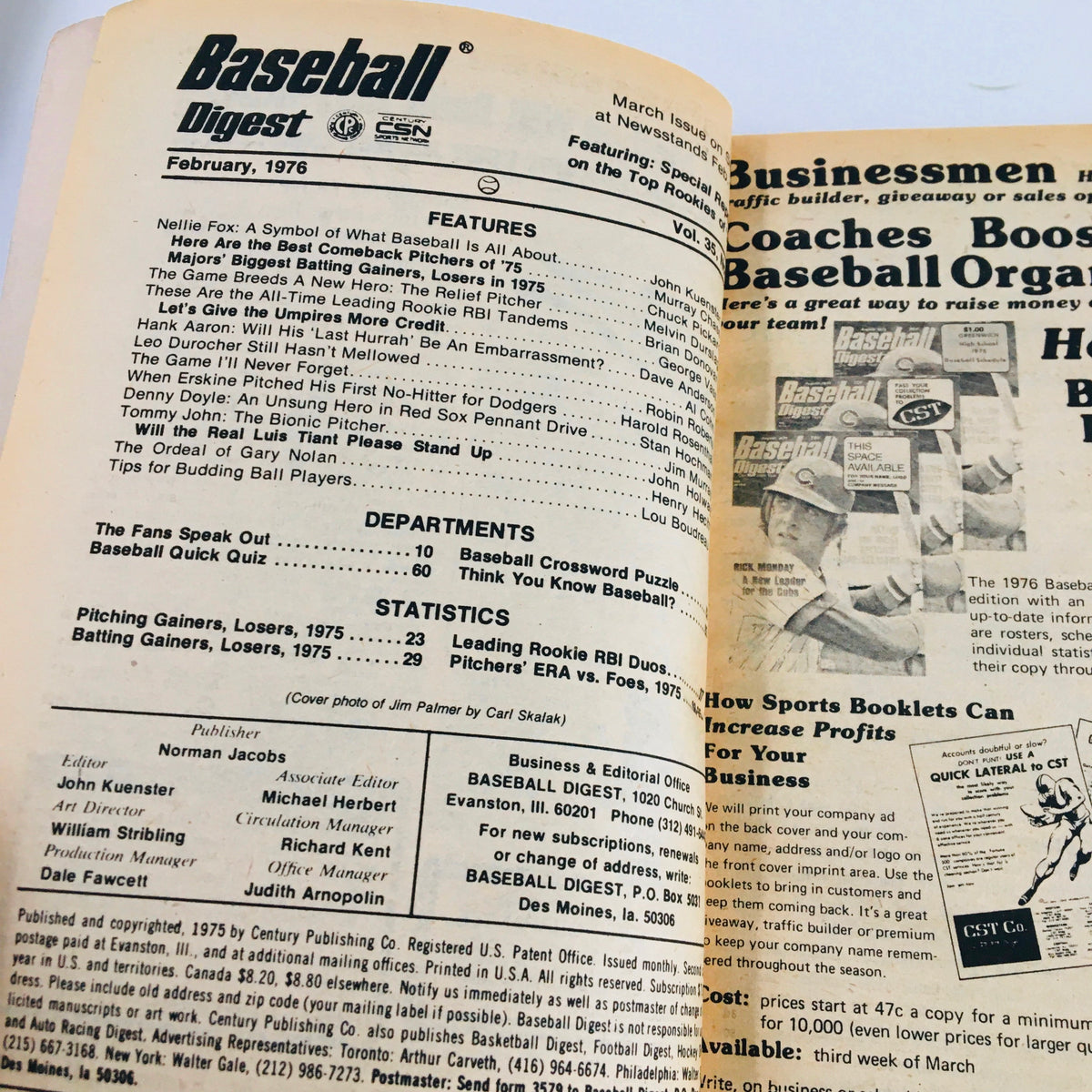 Inside page of Baseball Digest February 1976, displaying features and statistics of the issue, emphasizing its historical baseball context.